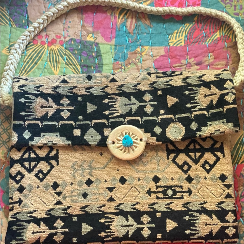 Vintage Handwoven Black & Tan Crossbody Bag with Turquoise Button Accent
